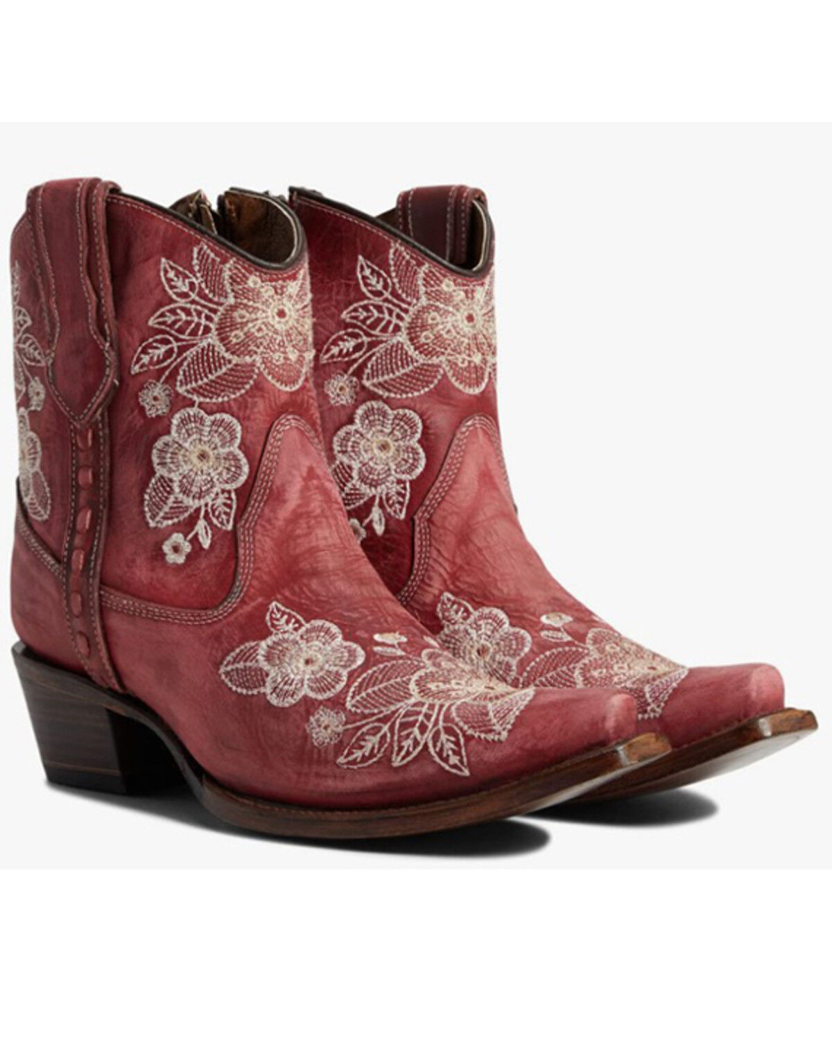 Image #1 - Circle G Women's Flowered Embroidery Ankle Western Booties - Snip Toe, Red/brown, hi-res