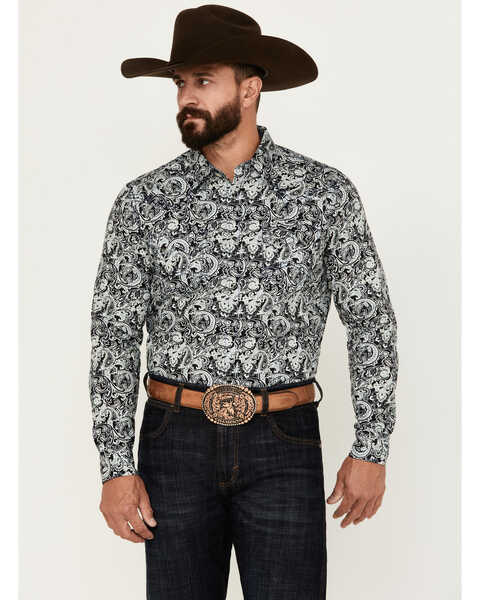 Image #1 - Cody James Men's Showdown Paisley Print Long Sleeve Snap Western Shirt - Tall , Navy, hi-res