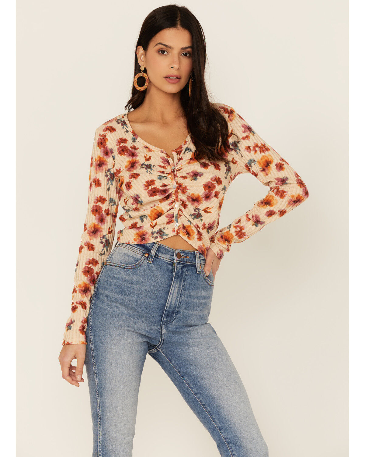 Image #1 - Wild Moss Women's Rust Long Sleeve Floral Button Cinch Front Knit Top, Rust Copper, hi-res