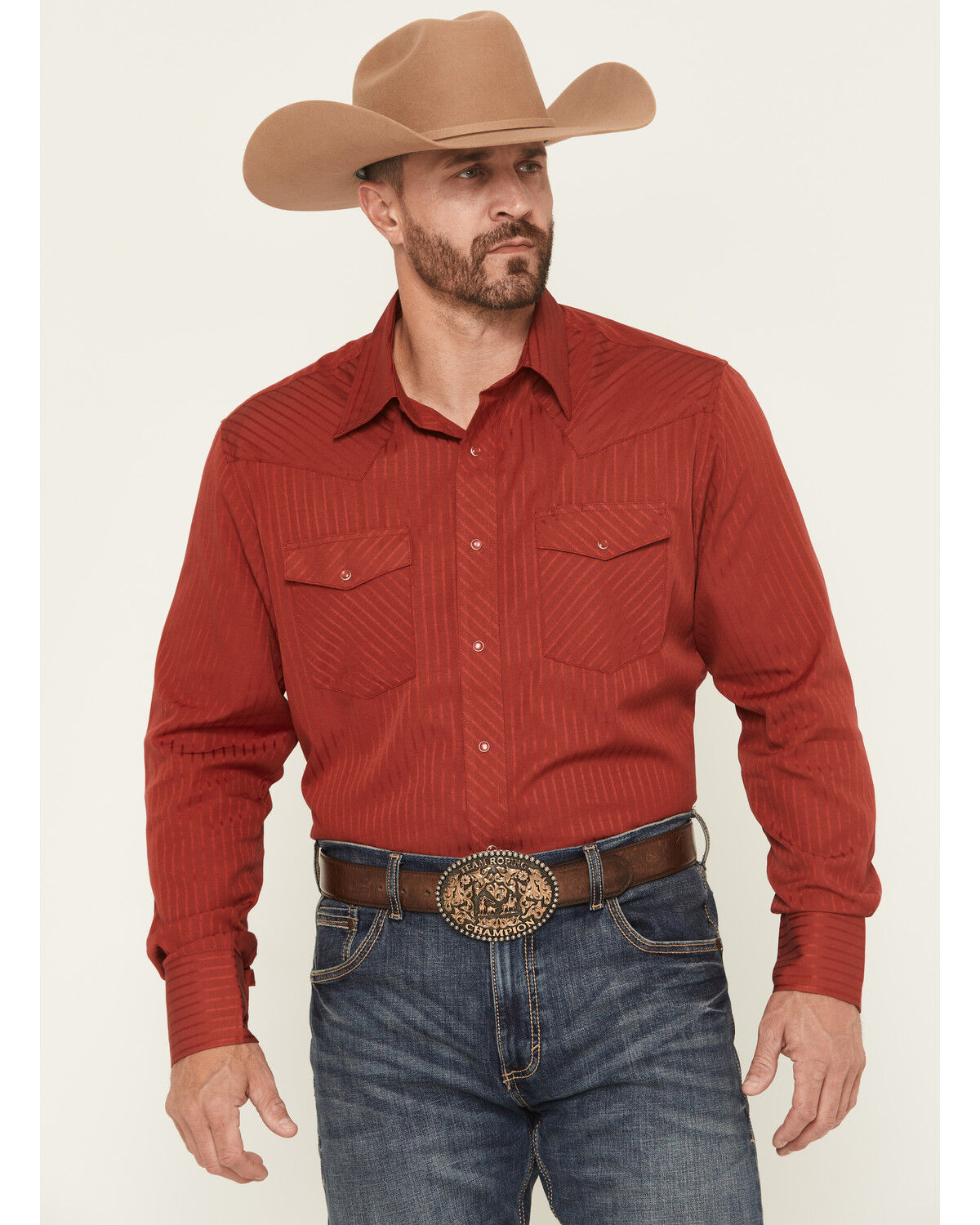 Image #1 - Wrangler Men's Tonal Striped Long Sleeve Pearl Snap Western Shirt, Burgundy, hi-res
