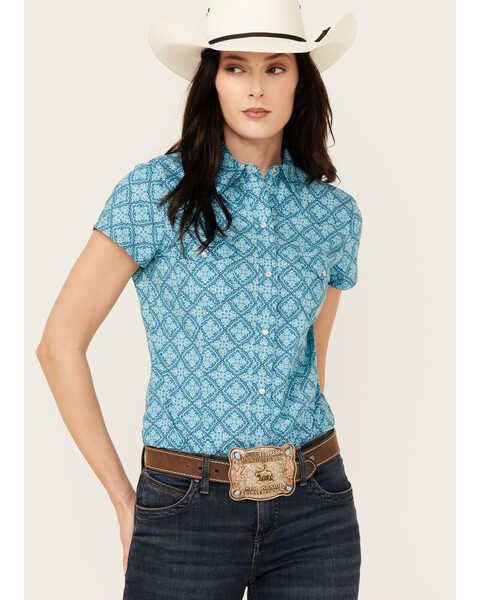 Image #1 - Roper Women's Turquoise Lake Geo Print Short Sleeve Snap Western Shirt , Blue, hi-res