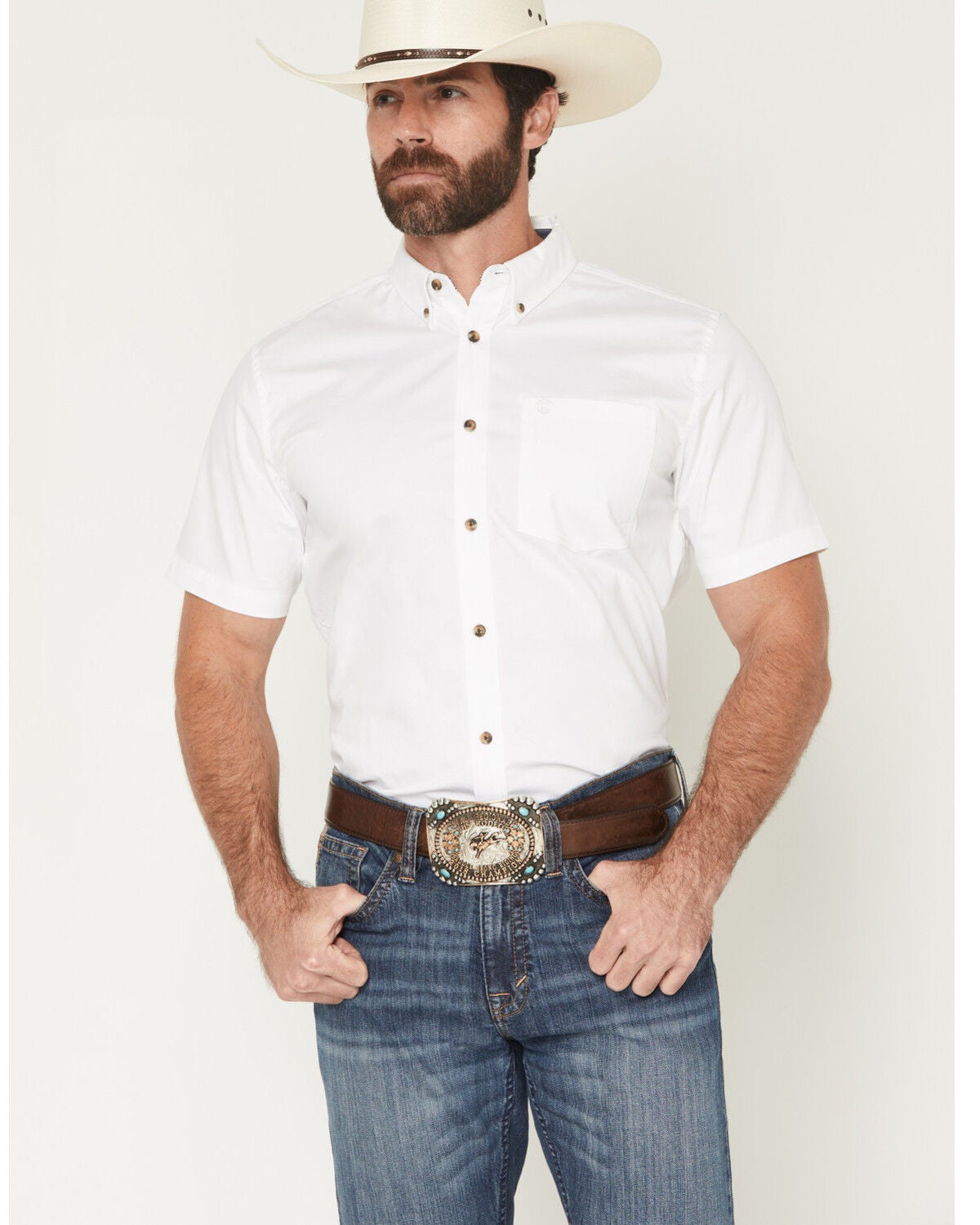 Cody James Men's Basic Solid Short Sleeve Button-Down Stretch Western Shirt - Big, White, hi-res