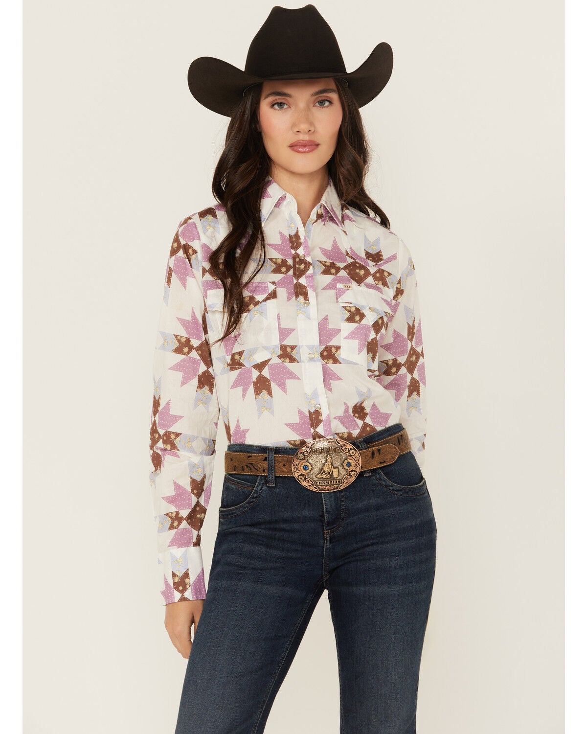 Image #2 - Cowboygirl by Jenna Paulette Women's Patchwork Print Long Sleeve Pearl Snap Western Shirt, Lavender, hi-res