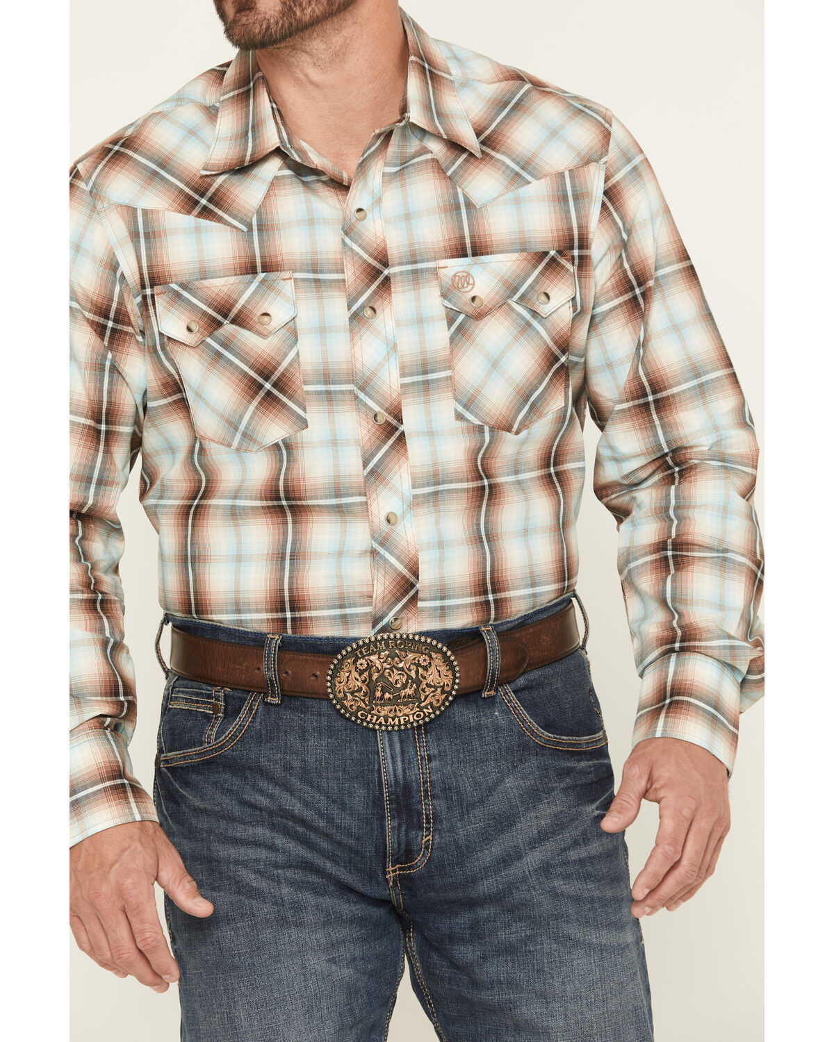Image #3 - Wrangler Retro Men's Plaid Print Long Sleeve Snap Western Shirt, Brown, hi-res
