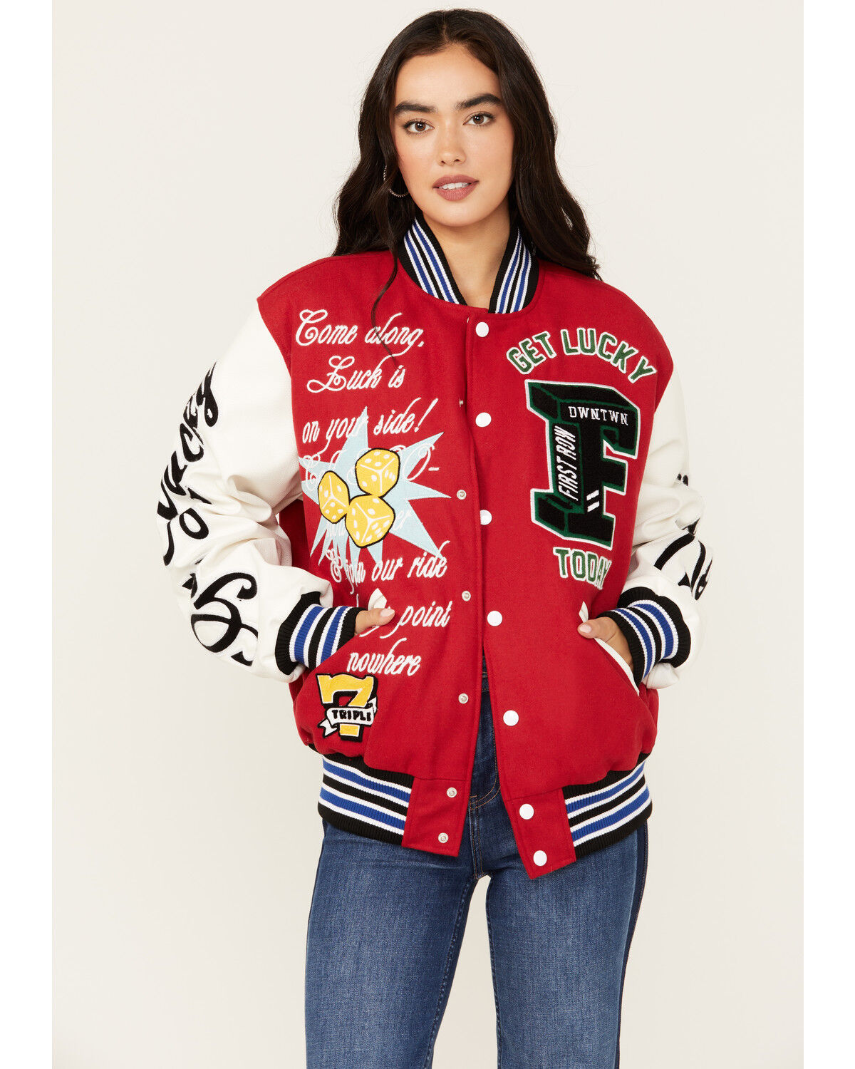 Image #1 - First Row Women's Road To Fortune Varsity Jacket, Red, hi-res