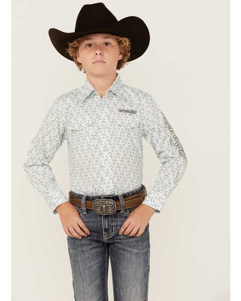 Wrangler Boys' Geo Print Logo Long Sleeve Pearl Snap Western Shirt , Aqua, hi-res