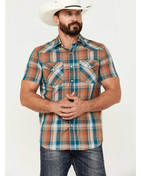 Image #1 - Pendleton Men's Frontier Plaid Print Short Sleeve Pearl Snap Western Shirt, Teal, hi-res