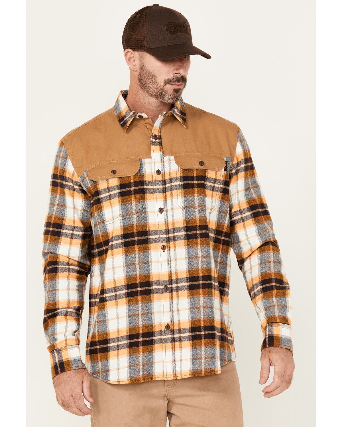 Hawx Men's Wilson Plaid Print Long Sleeve Button-Down Flannel Work Shirt, Brown, hi-res