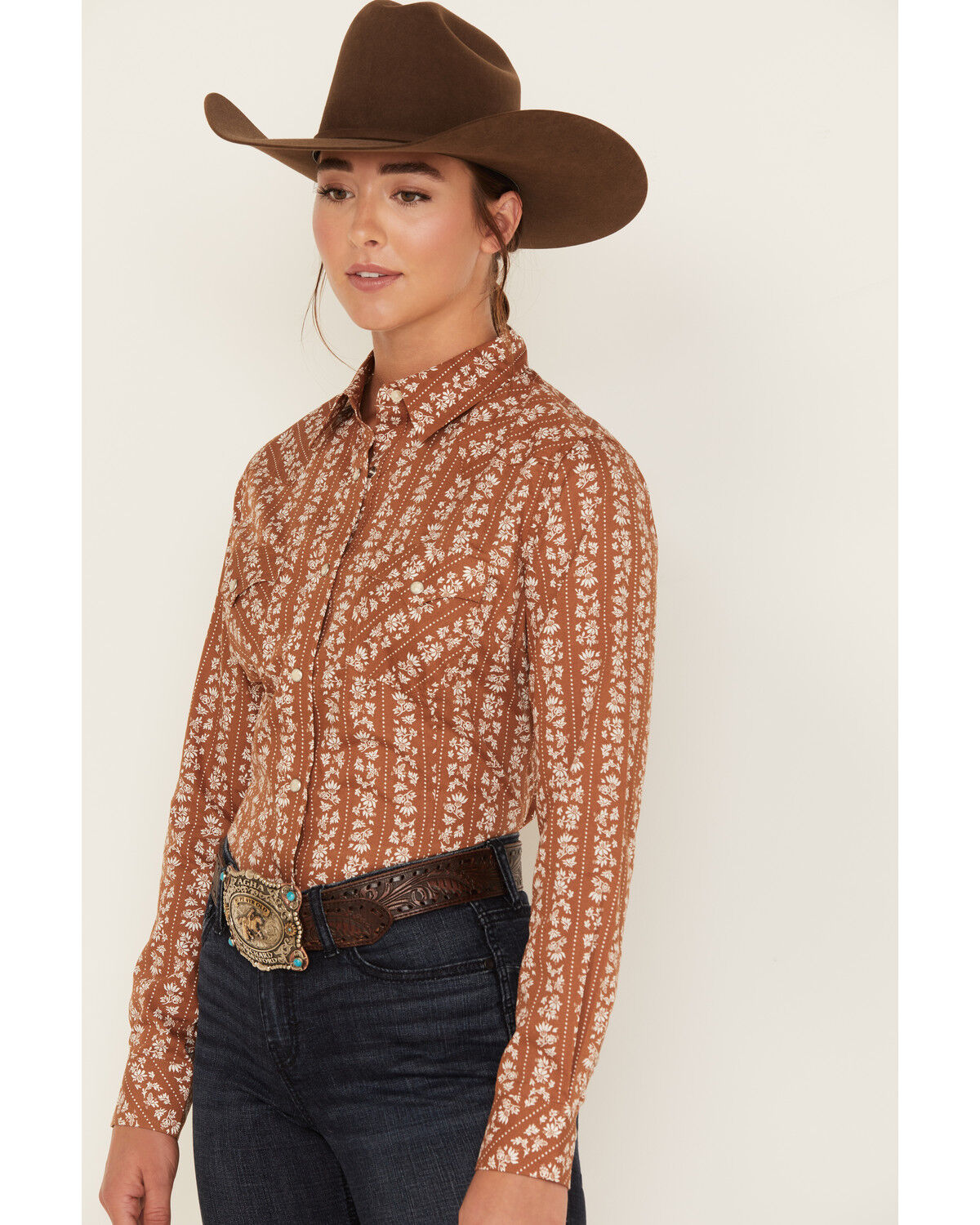 Image #2 - Wrangler Women's Boot Barn Exclusive Floral Dot Stripe Print Long Sleeve Western Pearl Snap Shirt, Rust Copper, hi-res
