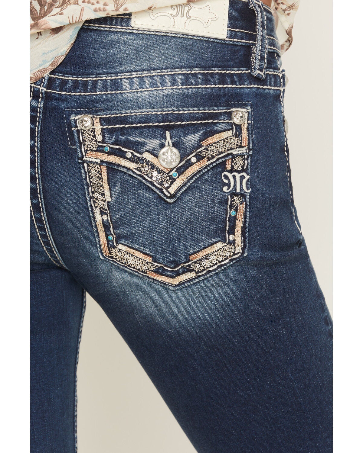 Image #2 - Miss Me Women's Medium Wash Mid Rise Border Pocket 34" Bootcut Stretch Denim Jeans, Medium Wash, hi-res