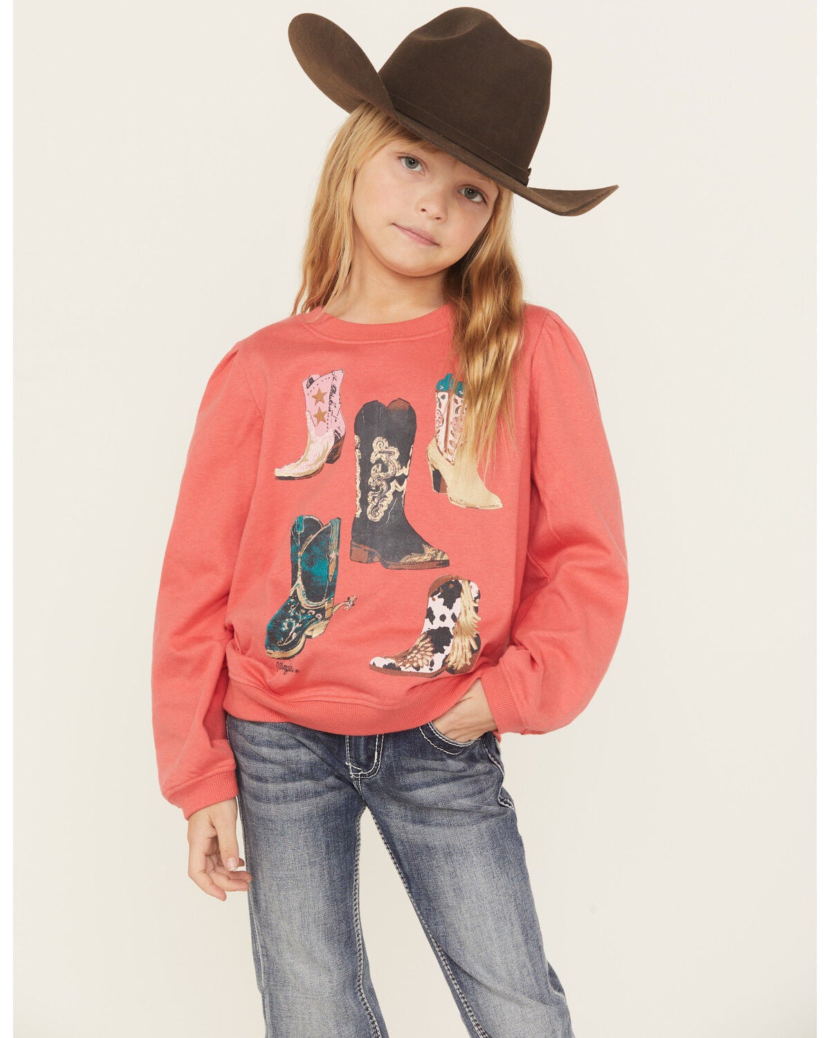 Wrangler Girls' Boot Long Sleeve Graphic Shirt, Pink, hi-res