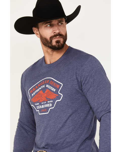 Wrangler Men's Authentic Western Denim And Eagle Long Sleeve Graphic T-Shirt, Heather Blue, hi-res