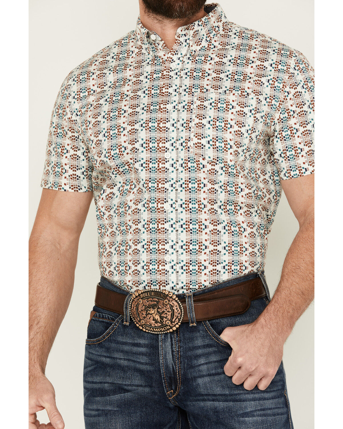 Image #3 - RANK 45® Men's Westgate Abstract Geo Print Short Sleeve Button-Down Stretch Western Shirt, Ivory, hi-res