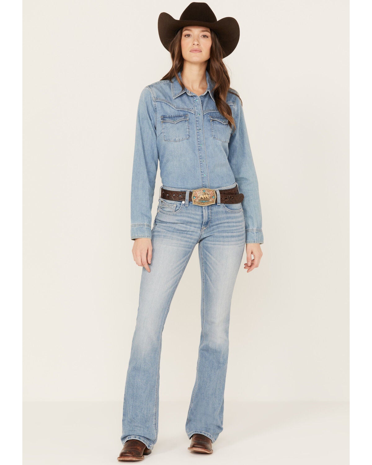 Image #1 - Ariat Women's R.E.A.L Brianna Light Wash High Rise Bootcut Oklahoma Jeans, Light Wash, hi-res