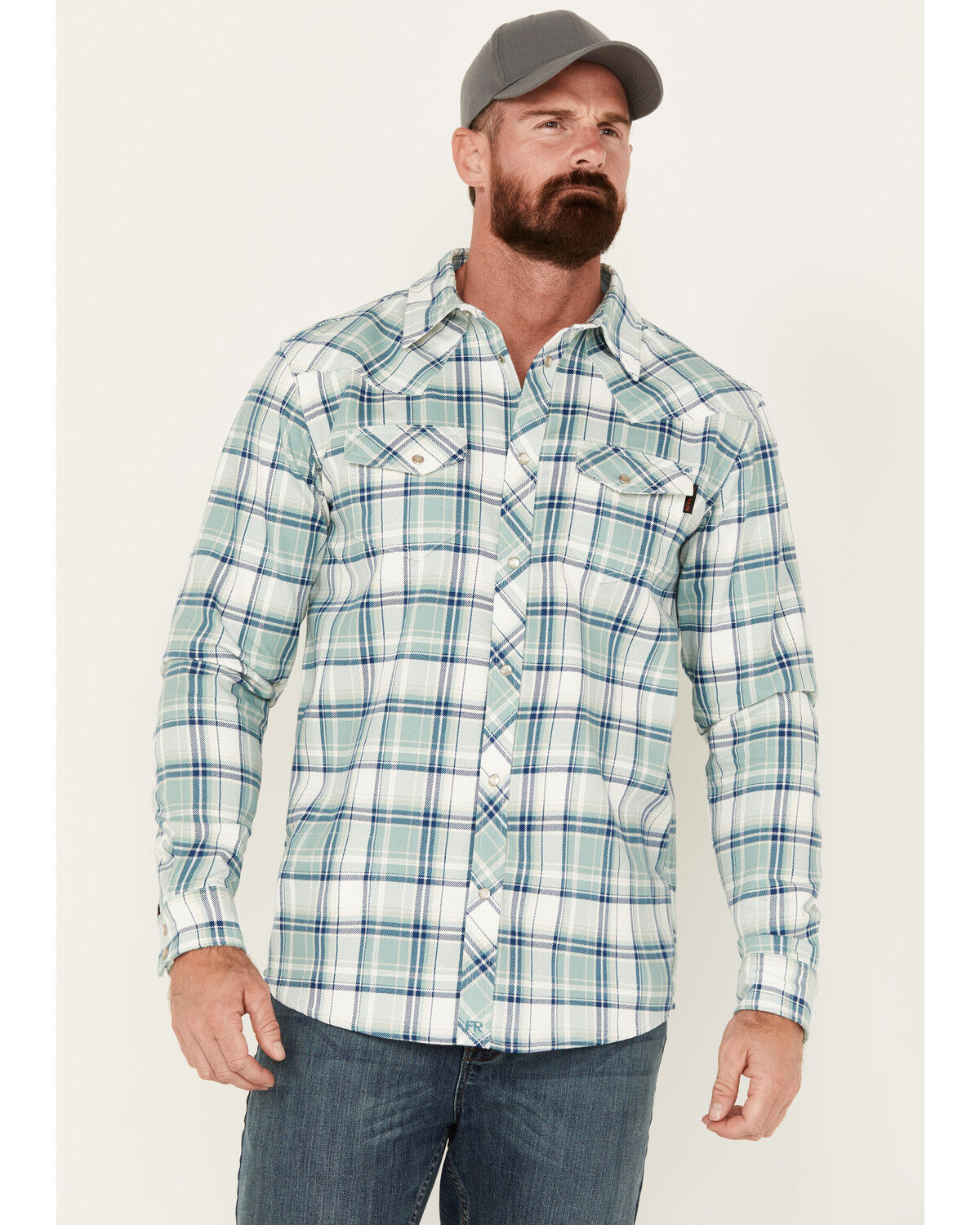 Image #1 - Cody James Men's FR Midweight Plaid Print Long Sleeve Pearl Snap Work Shirt, Blue, hi-res