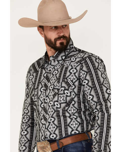 Image #2 - Rock & Roll Denim Men's Southwestern Print Stretch Long Sleeve Snap Western Shirt, Charcoal, hi-res