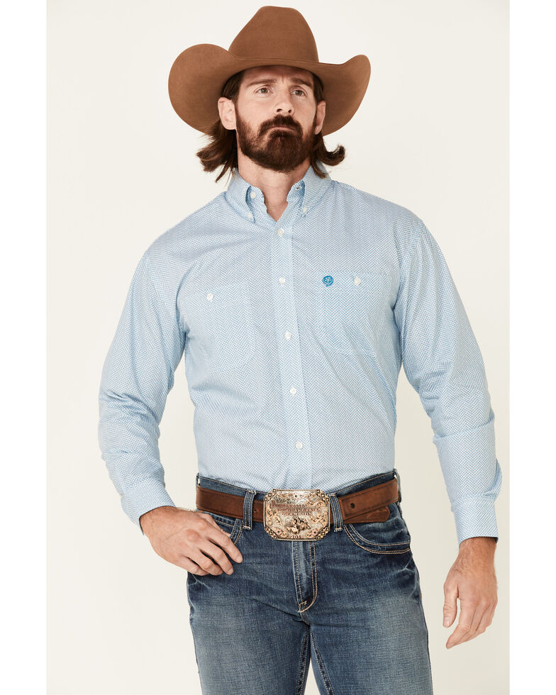 George Strait By Wrangler Men's Teal Geo Print Long Sleeve Button-Down Western Shirt , Teal, hi-res