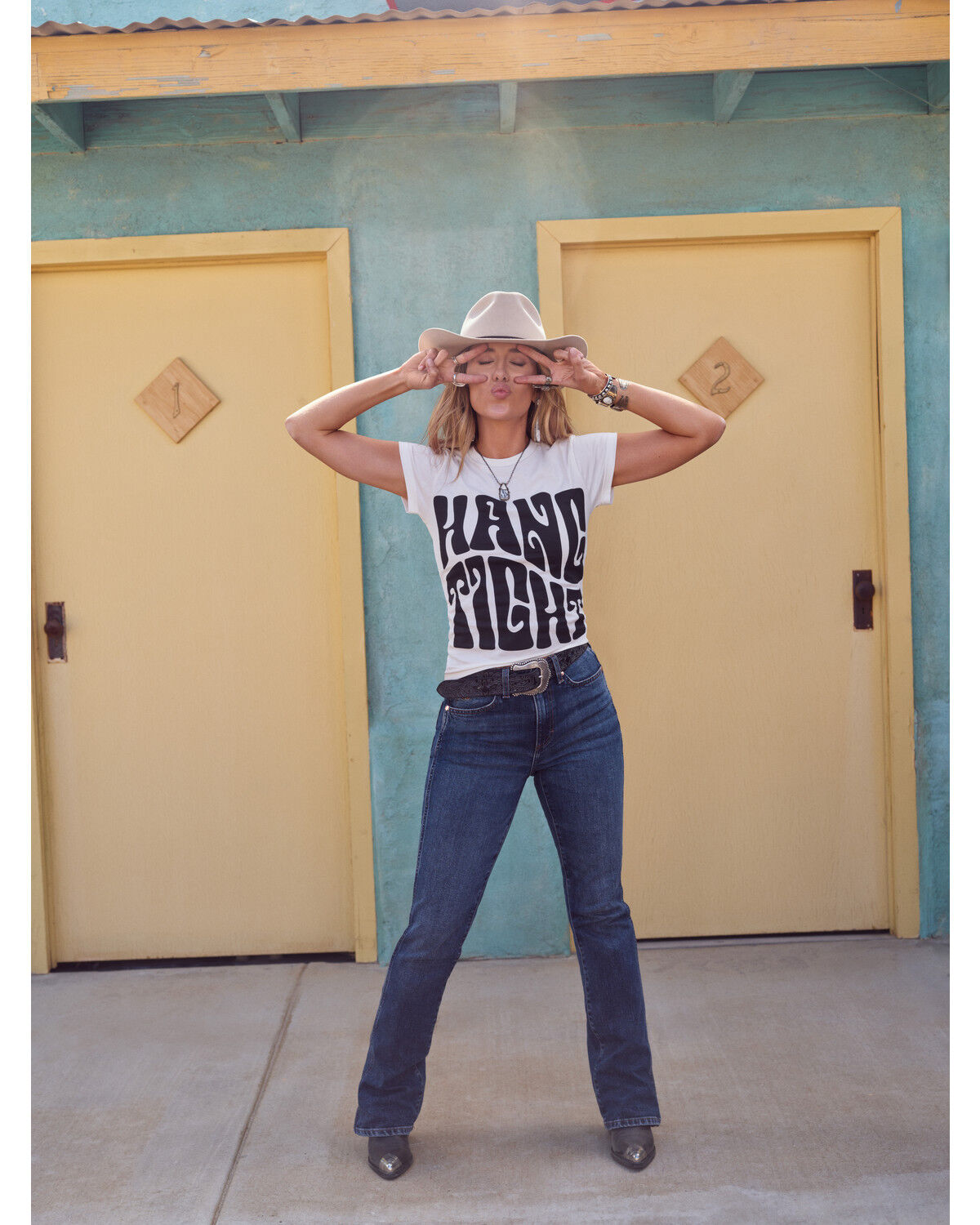 Image #1 - Wrangler x Lainey Wilson Women's Hang Tight Short Sleeve Graphic Tee, White, hi-res
