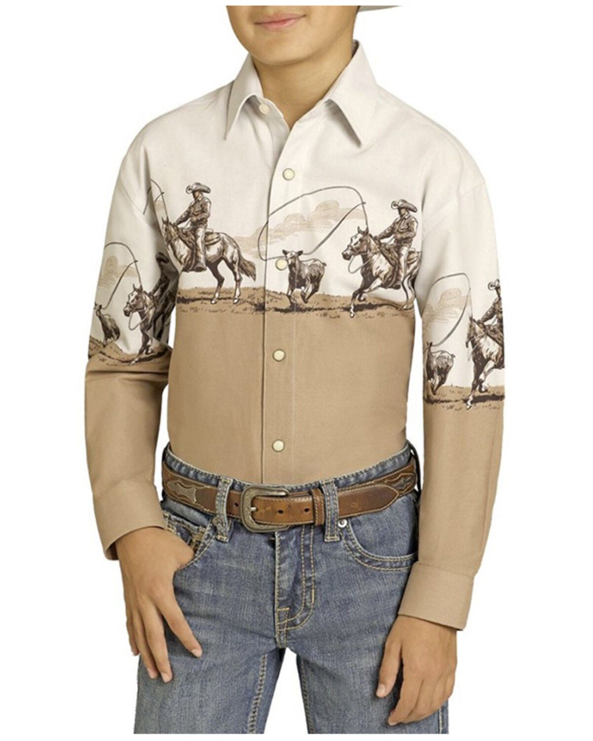Panhandle Slim Boys' Cowboy Border Long Sleeve Snap Western Shirt, Tan, hi-res