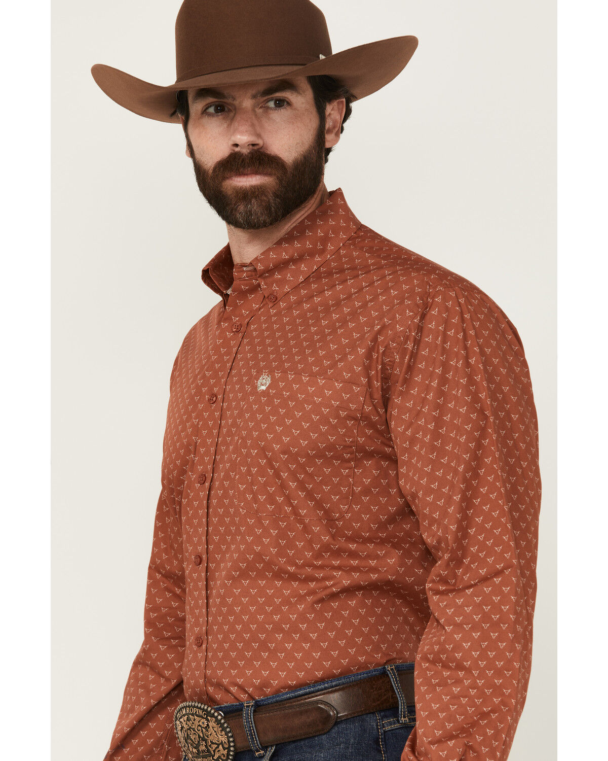 Image #2 - Cinch Men's Long Horn Print Long Sleeve Button-Down Western Shirt, Orange, hi-res
