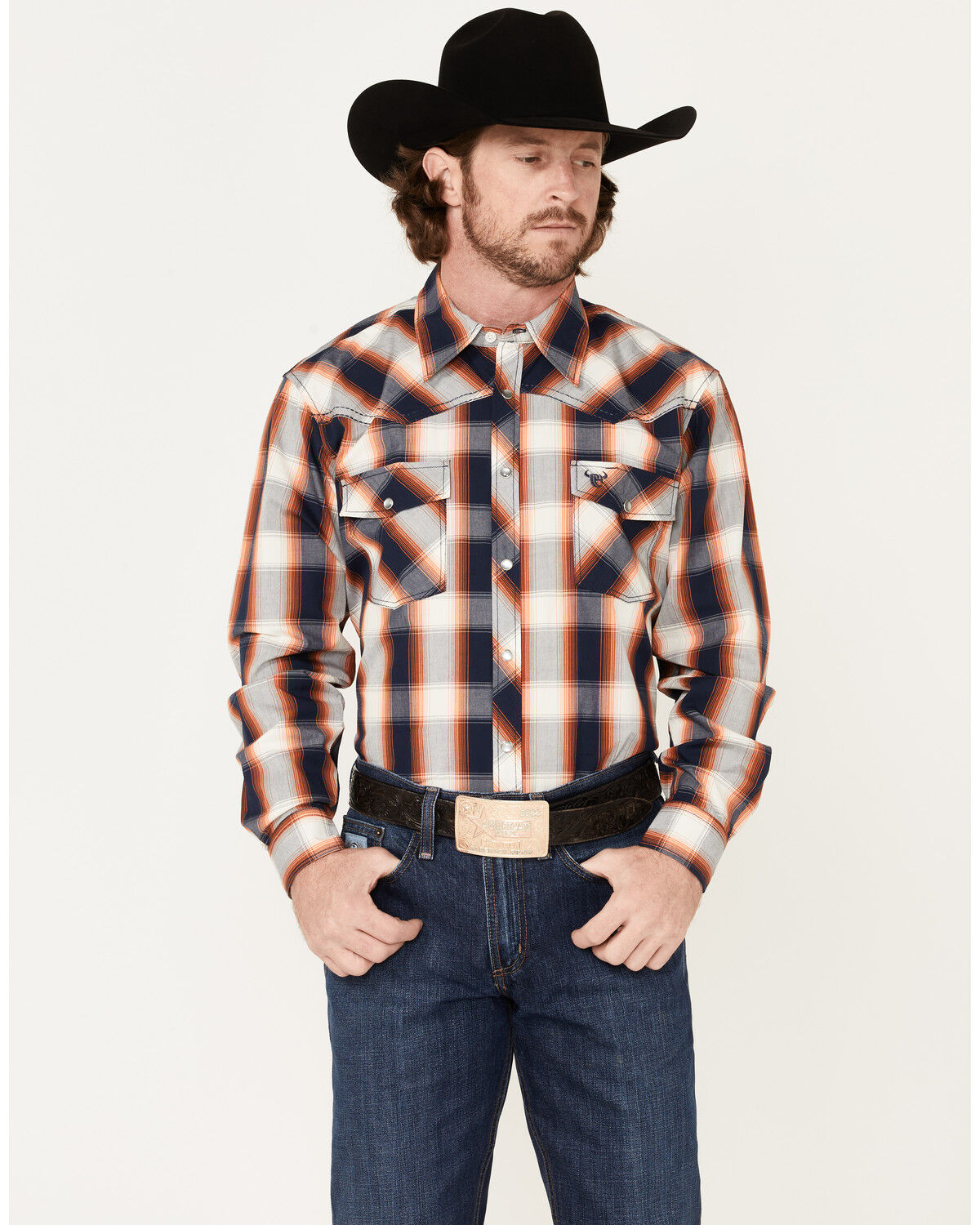 Image #1 - Cowboy Hardware Men's Hombre Large Plaid Pearl Snap Western Shirt, Orange, hi-res