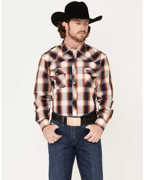 Cowboy Hardware Men's Hombre Large Plaid Pearl Snap Western Shirt , Orange, hi-res
