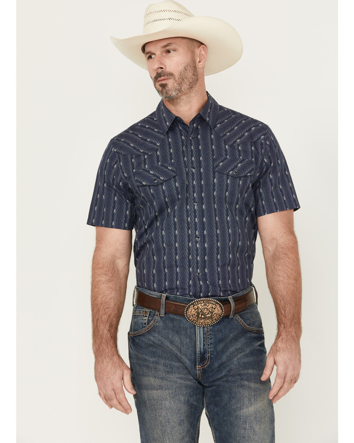 Image #1 - Gibson Trading Co Men's Ritual Striped Short Sleeve Snap Stretch Western Shirt, Navy, hi-res