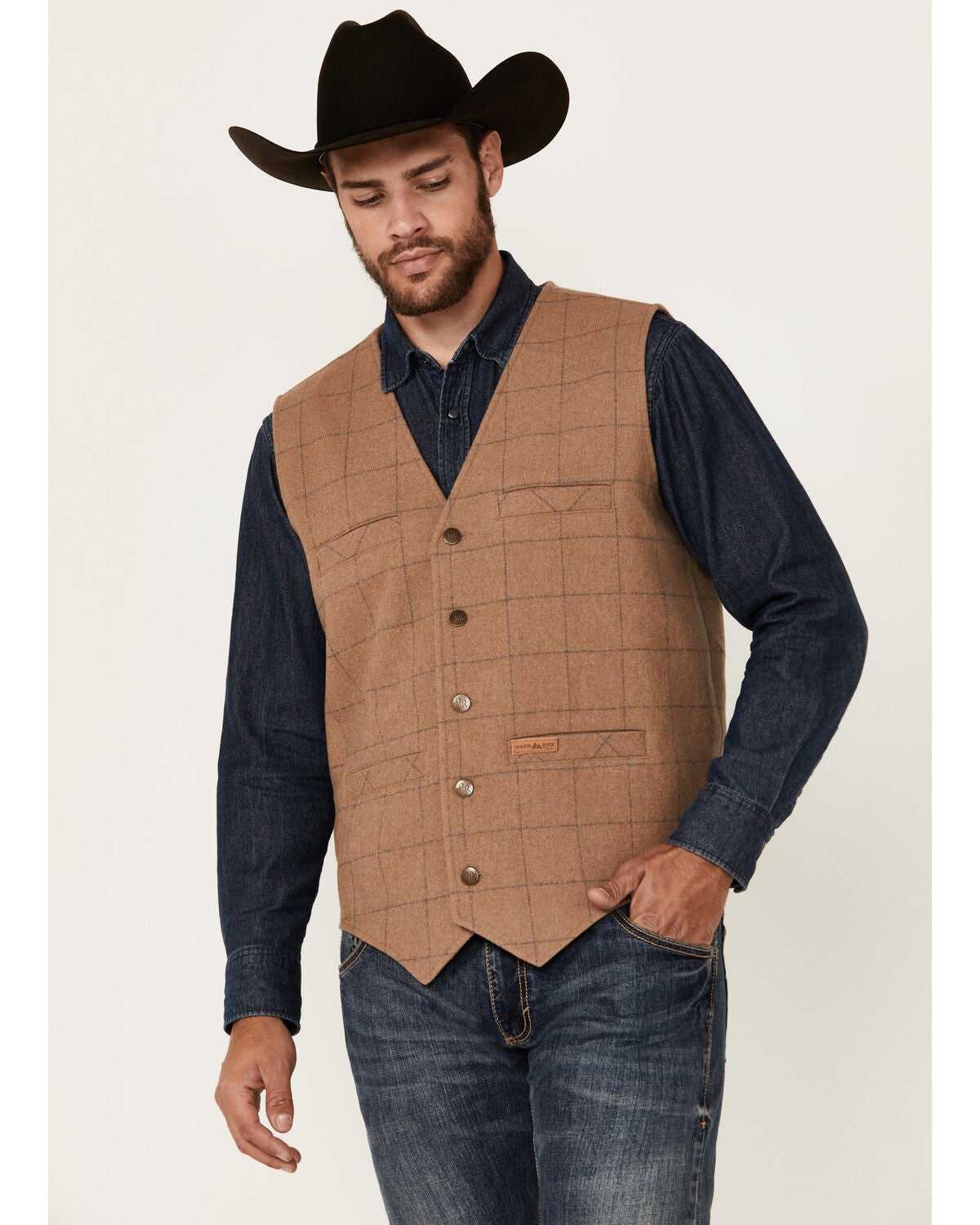 Powder River Outfitters Men's Plaid Print Wool Vest, Tan, hi-res