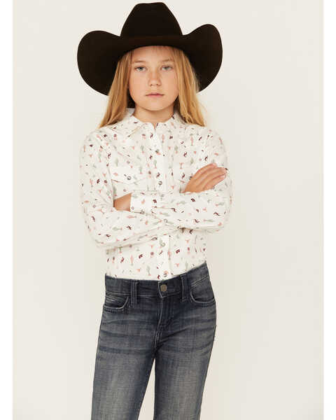 Image #1 - Ariat Girls' Santa Fe Print Long Sleeve Snap Western Shirt, Multi, hi-res