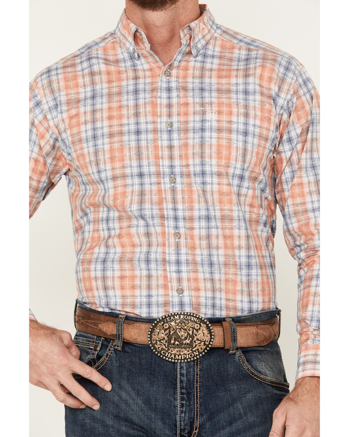 Image #3 - Ariat Men's Team Damion Southwestern Plaid Print Long Sleeve Button-Down Western Shirt, Peach, hi-res