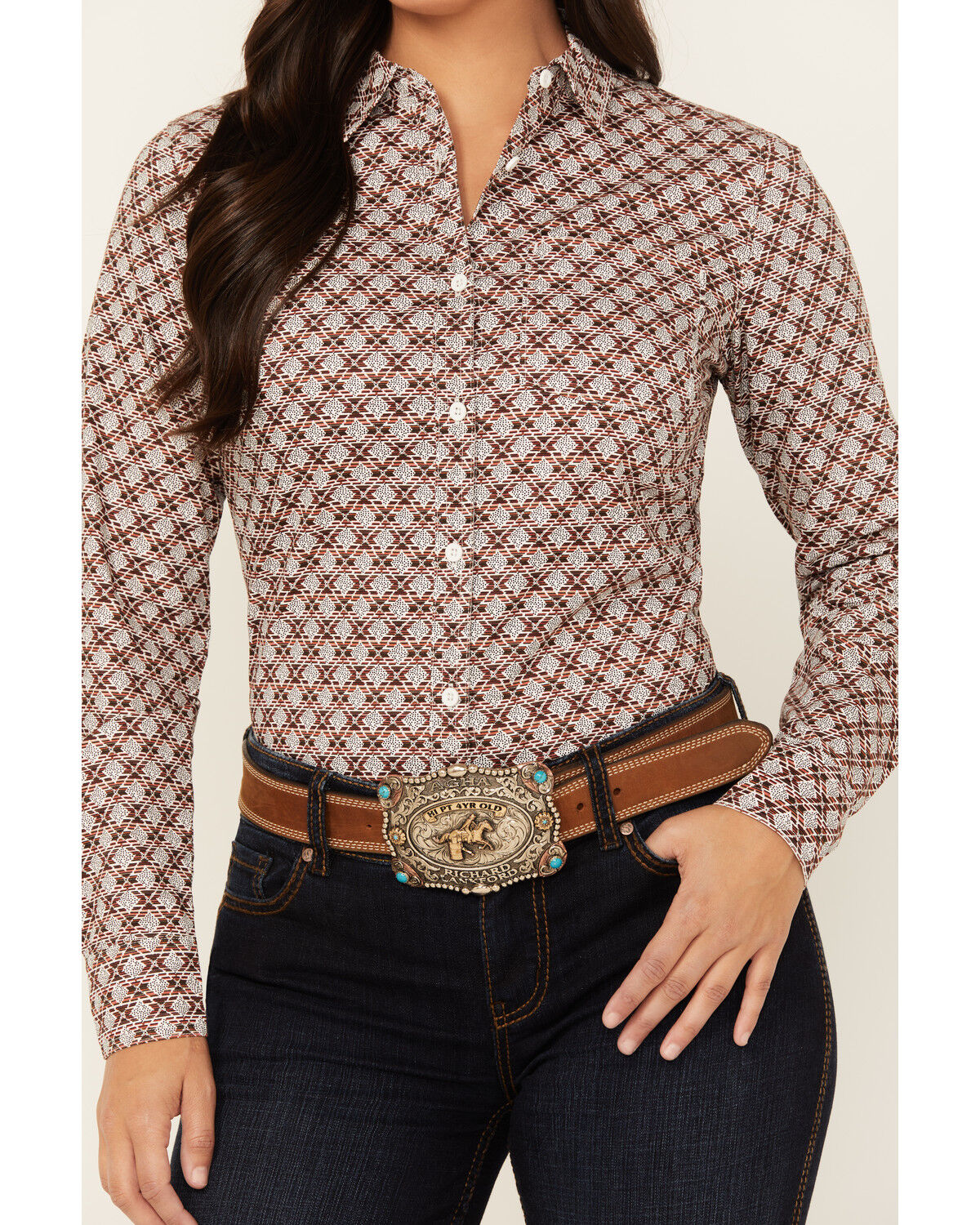 Image #3 - Shyanne Women's Geo Print Long Sleeve Button-Down Stretch Riding Shirt, Dark Red, hi-res