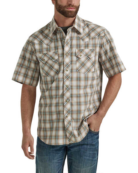 Wrangler Retro Men's Plaid Print Short Sleeve Snap Western Shirt , Brown, hi-res
