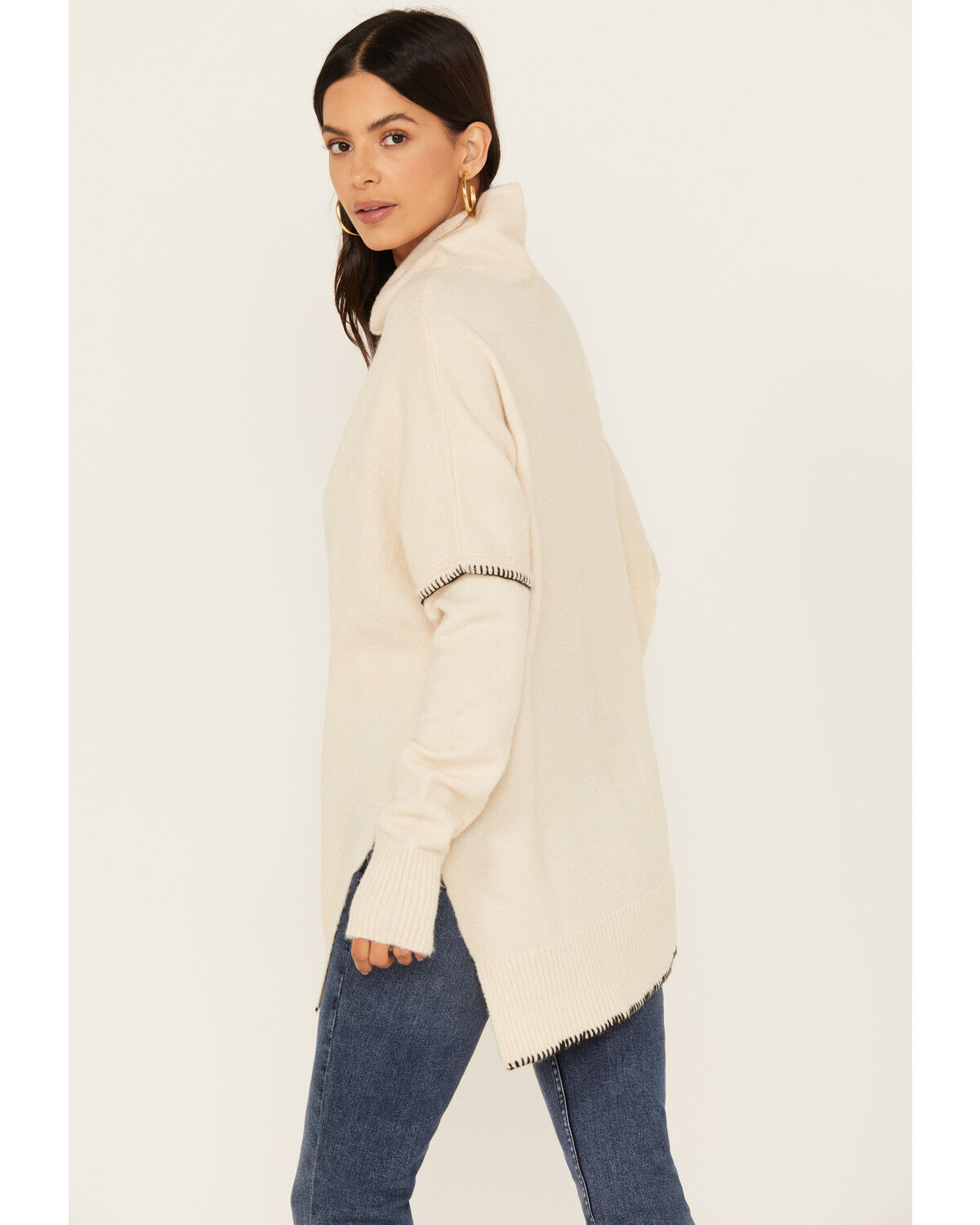 Image #4 - Revel Women's Asymmetrical Contrast Stitch Turtleneck Sweater, Cream, hi-res