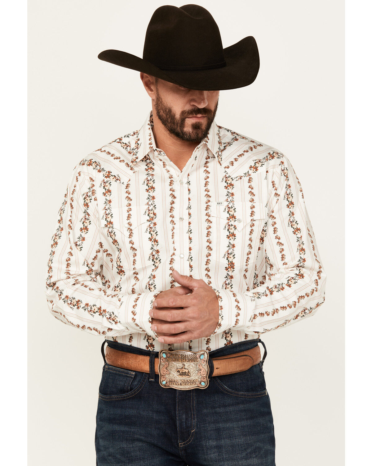Image #1 - Ely Walker Men's Floral Striped Long Sleeve Pearl Snap Western Shirt, Cream, hi-res