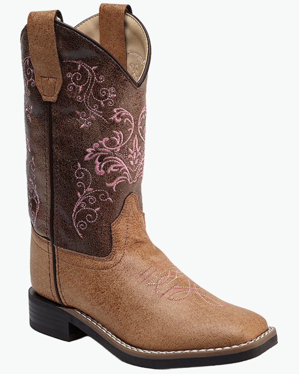 Old West Little Girls' Crackle Western Boots - Broad Square Toe, Tan, hi-res