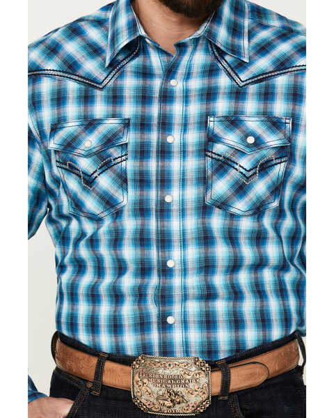 Image #3 - Rock 47 by Wrangler Men's Plaid Print Long Sleeve Western Snap Shirt, Blue, hi-res