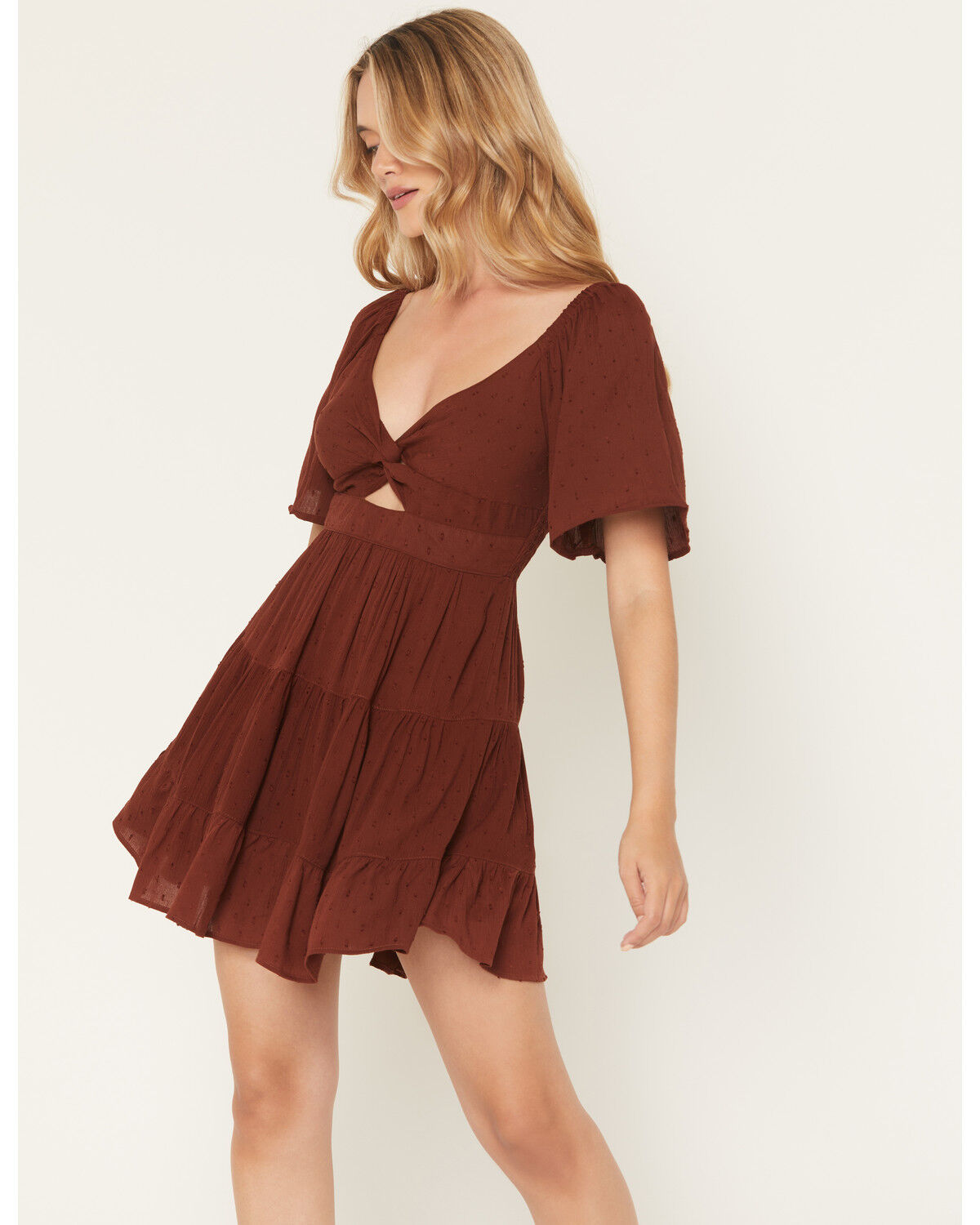 Image #1 - Angie Women's Swiss Dot Short Sleeve Mini Dress, Brown, hi-res