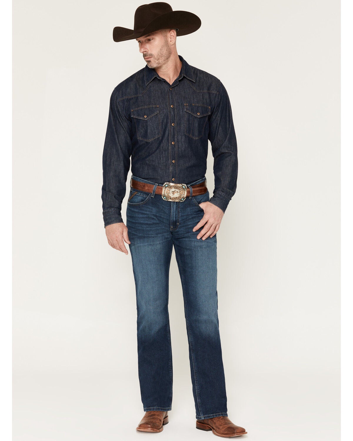 Image #1 - Ariat Men's M4 Medium Wash Legacy Bootcut Stretch Denim Jeans, Blue, hi-res
