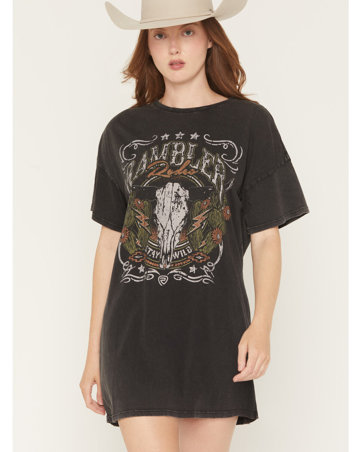 Image #1 - Rock & Roll Denim Women's Boot Barn Exclusive Steer Head Rambler Short Sleeve T-Shirt Dress, Black, hi-res