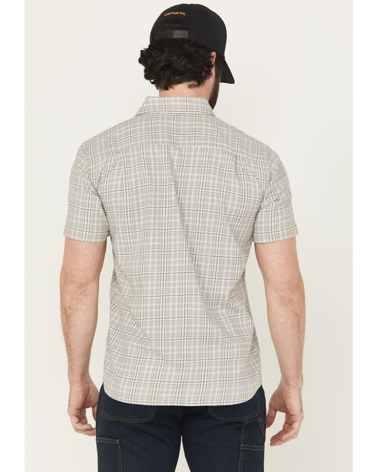 Image #4 - Carhartt Men's Rugged Flex® Relaxed Fit Lightweight Short Sleeve Plaid Print Button-Down Stretch Work Shirt, Grey, hi-res