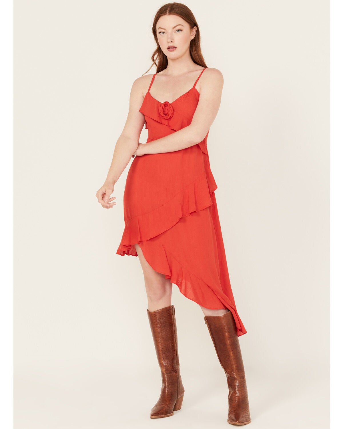 Angie Women's Solid Ruffle Hem Sleeveless Mini Dress, Red, hi-res