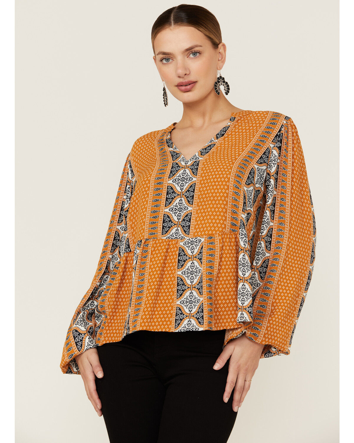 Image #1 - Wrangler Retro Women's Split Neck Peplum Print Mustard Peasant Top, Dark Yellow, hi-res