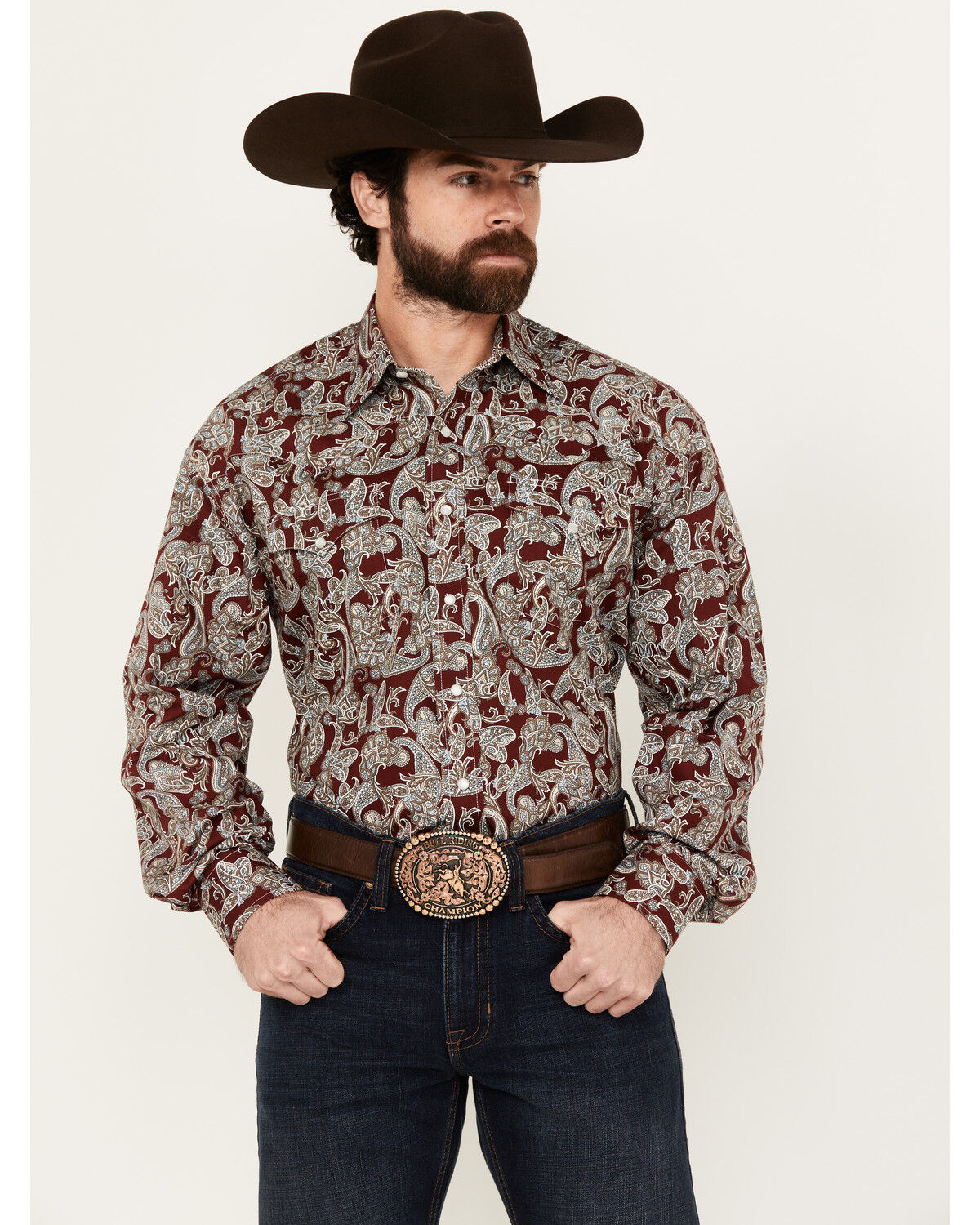 Image #1 - Stetson Men's Paisley Print Long Sleeve Pearl Snap Western Shirt, Maroon, hi-res