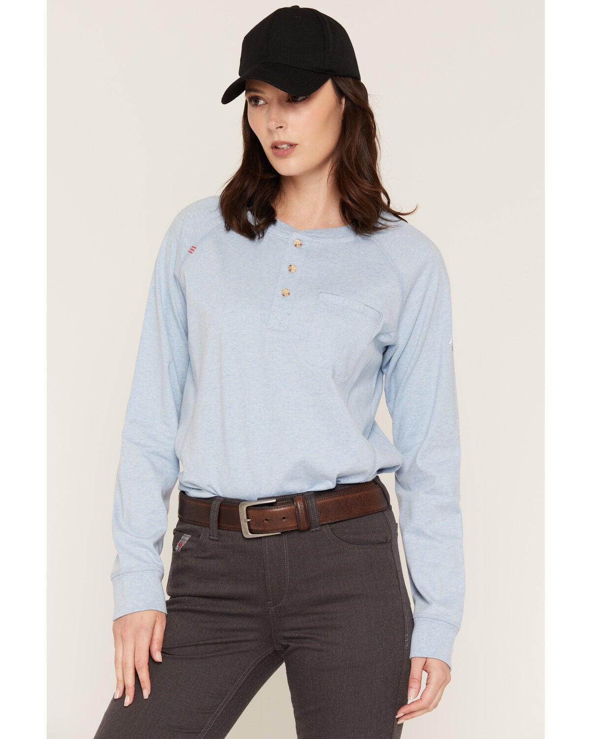 Ariat Women's FR Air Henley Long Sleeve 1/4 Button-Down Work Shirt, Heather Blue, hi-res