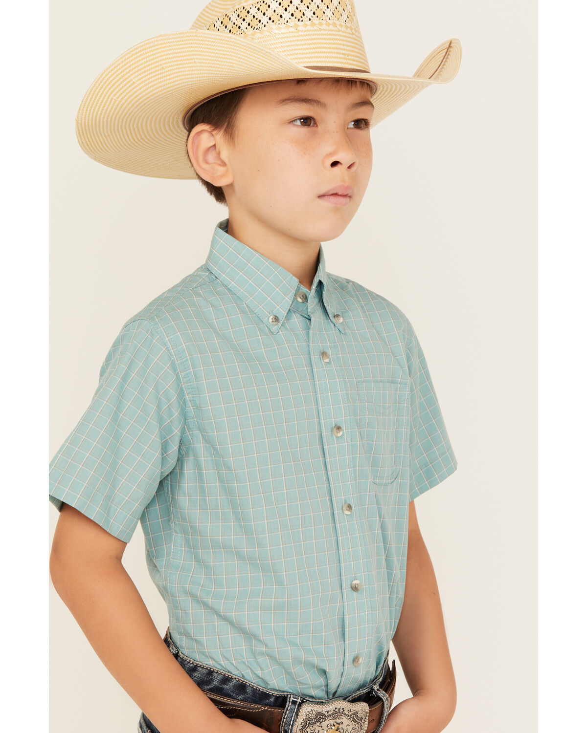 Image #2 - Wrangler Riata Boys' Plaid Print Short Sleeve Button-Down Western Shirt, , hi-res