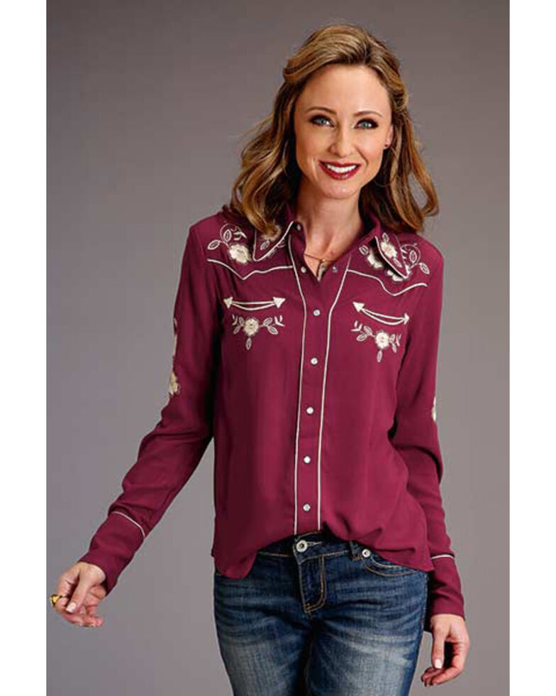 Stetson Women's Wine Rayon Crepe Embroidered Long Sleeve Snap Western Shirt , Wine, hi-res