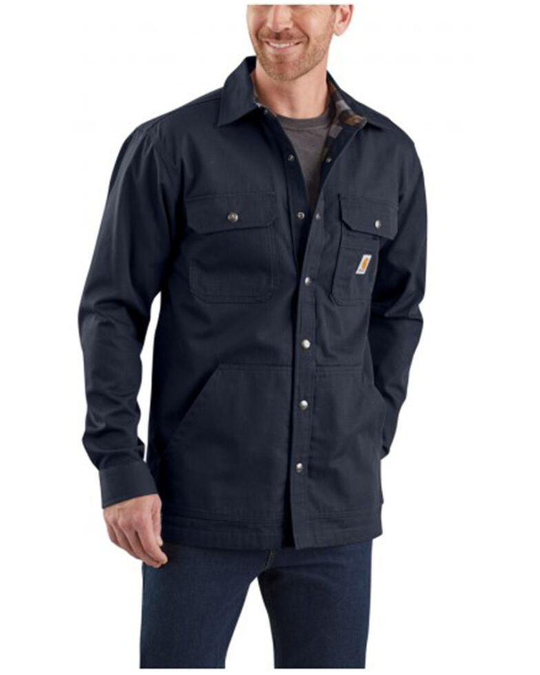 Carhartt Men's Solid Navy Ripstop Flannel-Lined Snap-Front Work Shirt Jacket - Tall, Navy, hi-res