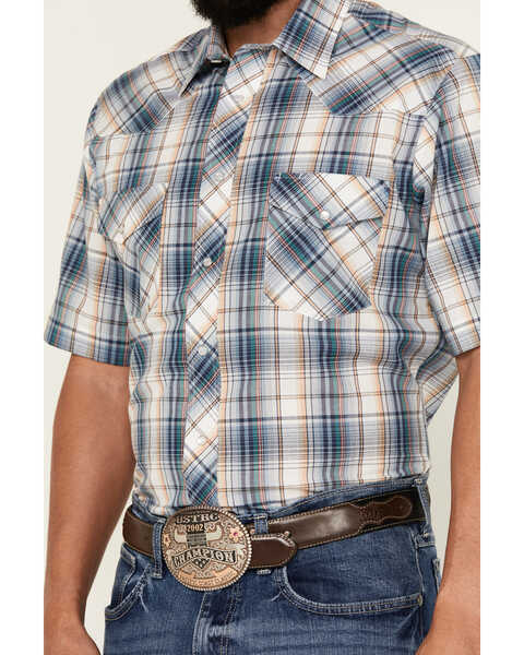 Image #3 - Roper Men's Medium Plaid Print Short Sleeve Pearl Snap Western Shirt, Blue, hi-res