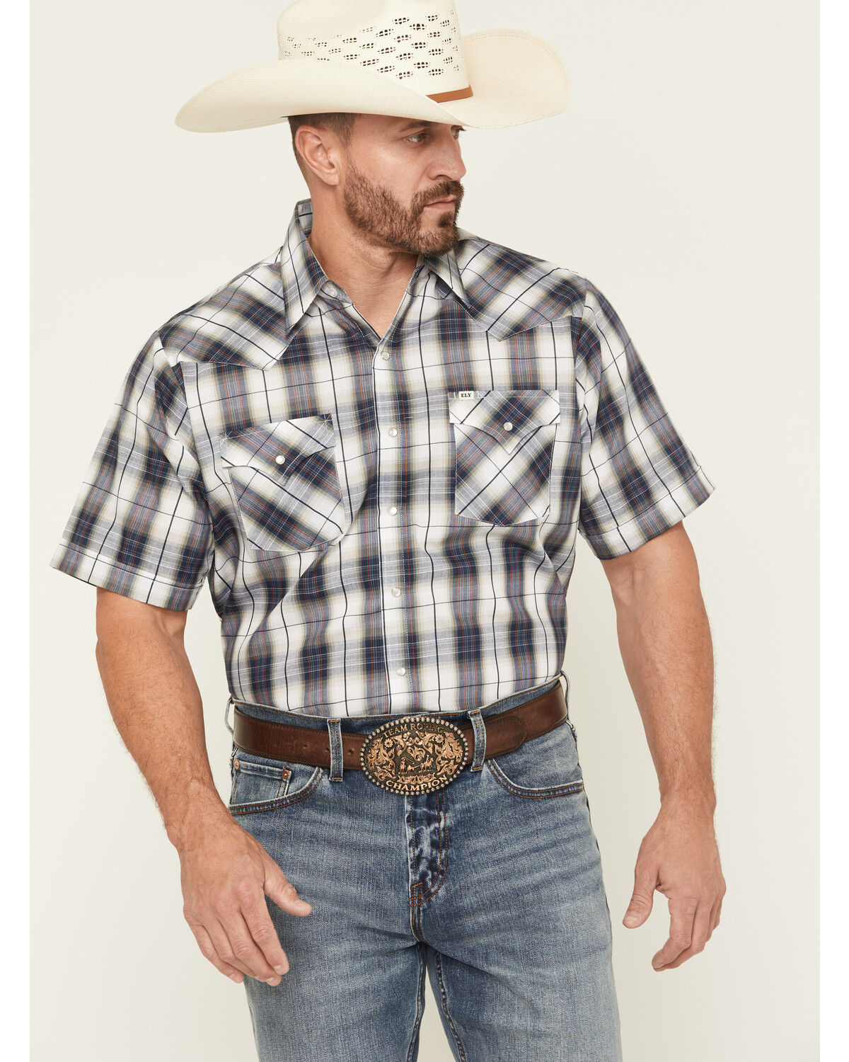 Image #1 - Ely Walker Men's Plaid Print Short Sleeve Snap Western Shirt, Navy, hi-res