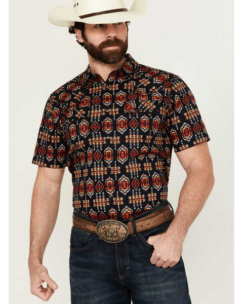 Image #1 - Cody James Men's Axe Throw Southwestern Print Short Sleeve Snap Western Shirt , Navy, hi-res